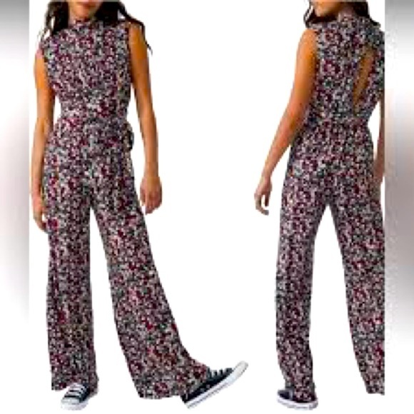 Free people, black ditzy shell floral combo SOFT pant jumpsuit SZ-XS - Picture 1 of 13